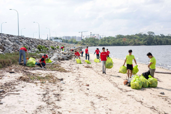 A group of volunteers picking up trash on the beach.